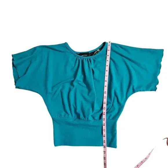 Amys Closet Juniors Small Teal Dolman Sleeve Blouse Lace Back 90s Y2K Preppy Top - Picture 6 of 6